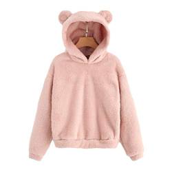 Enfei Frauen Rosa Schöne Mit Bären Ohren Fleece Feste Hoodie Pullover Mädchen Langarm Casual Sweatshirts von YEMOCILE