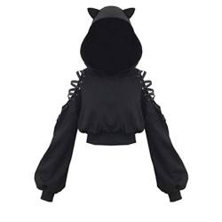 YEMOCILE Damen Cat Ears Black Hoodie Langarm Kapuzenpullover Sweatshirt Hollow Out Gothic Tops Bluse M Schwarz von YEMOCILE