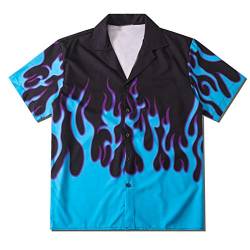 fpengfashion Herren Harajuku Flamme Grafik Button Down Hemd für Frauen Jugendliche Hip Hop Slim Fit Vintage Hawaii T-Shirt Gr. X-Large, Blueblack von YEMOCILE