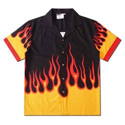 fpengfashion Herren Harajuku Flamme Grafik Button Down Hemd für Frauen Jugendliche Hip Hop Slim Fit Vintage Hawaii T-Shirt Gr. X-Large, YellowBlack von YEMOCILE