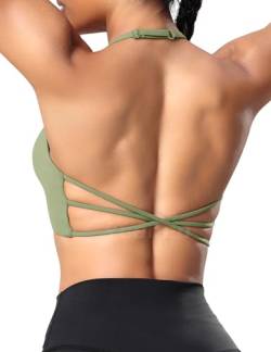 YEOREO Sport BH Damen Gepolstert Cross Back Spaghettiträger Rücken Verkreuzt Push Up BHS Gym Tops Sports Bra Bean Green M von YEOREO