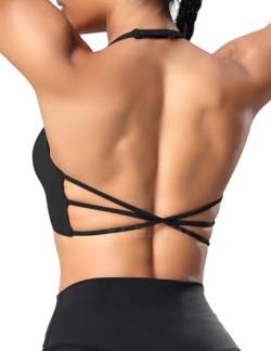 YEOREO Sport BH Damen Gepolstert Cross Back Spaghettiträger Rücken Verkreuzt Push Up BHS Gym Tops Sports Bra Schwarz M von YEOREO