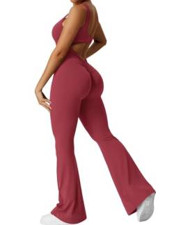 Yeoreo Jumpsuit Lizvette für Damen, sexy, rückenfrei, ausgestellt, figurbetont, Scrunch-Po, Yoga-Strampler, V-Ausschnitt, #1 Burgunderrot, Medium von YEOREO