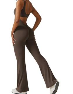 Yeoreo Jumpsuit Lizvette für Damen, sexy, rückenfrei, ausgestellt, figurbetont, Scrunch-Po, Yoga-Strampler, V-Ausschnitt, #1 Kaffee, Large von YEOREO