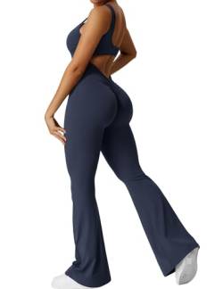 Yeoreo Jumpsuit Lizvette für Damen, sexy, rückenfrei, ausgestellt, figurbetont, Scrunch-Po, Yoga-Strampler, V-Ausschnitt, #1 Marineblau, Small von YEOREO