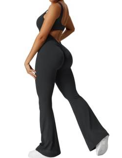 Yeoreo Jumpsuit Lizvette für Damen, sexy, rückenfrei, ausgestellt, figurbetont, Scrunch-Po, Yoga-Strampler, V-Ausschnitt, #1 Schwarz, Large von YEOREO