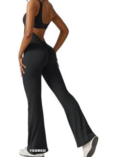 Yeoreo Jumpsuit Lizvette für Damen, sexy, rückenfrei, ausgestellt, figurbetont, Scrunch-Po, Yoga-Strampler, V-Ausschnitt, #1 Schwarz, X-Large von YEOREO