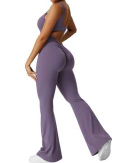 Yeoreo Jumpsuit Lizvette für Damen, sexy, rückenfrei, ausgestellt, figurbetont, Scrunch-Po, Yoga-Strampler, V-Ausschnitt, #1 dunkelviolett, X-Large von YEOREO