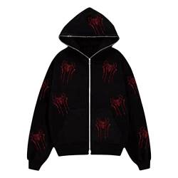 YEOU Y2K Retro Strass Spider Hoodie Harajuku Gothic Hip Hop Sweatshirts Punk Jacken Streetwear, Rote Spinne mit Strasssteinen, S von YEOU