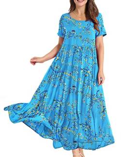 YESNO Damen Kleider Freizeit Lose Sommerkleid Lang Boho Maxikleid für Rundhals Strandkleid Blumenkleid 2XL EJFDE CR44 von YESNO