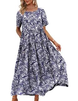 YESNO Damen Kleider Freizeit Lose Sommerkleid Lang Boho Maxikleid für Rundhals Strandkleid Blumenkleid S EJFDE Floral 148 von YESNO