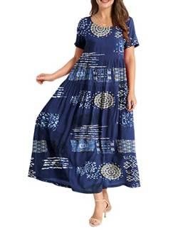 YESNO Damen Kleider Freizeit Lose Sommerkleid Lang Boho Maxikleid für Rundhals Strandkleid Blumenkleid XL EJFDE CR176 von YESNO