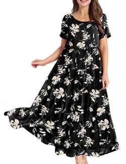 YESNO Damen Kleider Freizeit Lose Sommerkleid Lang Boho Maxikleid für Rundhals Strandkleid Blumenkleid XXL EJFDE CR346 von YESNO