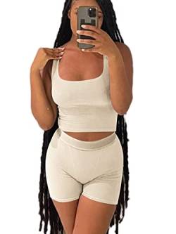 Damen 2-teiliges Casual Workout Outfits Geripptes Strick Yoga Tank Top Hohe Taille Leggings Trainingsanzug Active Wear Sets, BH und Shorts: Beige, Medium von YETOWA