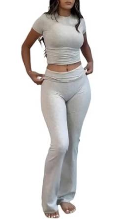 YETOWA 2-teiliges Yoga-Outfit für Damen: schmale, kurzärmelige Oberteile und ausgestellte Leggings mit niedriger Taille, vielseitiger Fitness-Sweatanzug, Heather Grey Kurzarm-Set, S von YETOWA