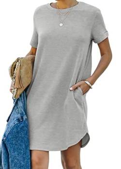 YEXIPO Damen Casual Sommer Kurzarm T Shirt Kleid Nachthemd Rundhals Lose Einfarbig Basic Kleider mit Taschen, Hellgrau, Klein von YEXIPO