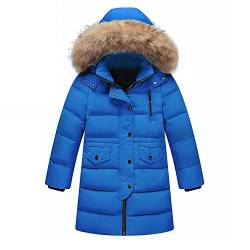 YFCH Kinder Jungen/Mädchen Verdickte Daunenmantel Wintermantel Lang Daunenjacke Winterjacke Warm Steppjacke mit unabnembarer Fellkapuze, Blau, 134/140(Label: 140) von YFCH