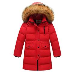 YFCH Kinder Jungen/Mädchen Verdickte Daunenmantel Wintermantel Lang Daunenjacke Winterjacke Warm Steppjacke mit unabnembarer Fellkapuze, Rot, 146(Label: 150) von YFCH