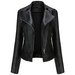 YFFUSHI Damen Lederjacke Kurz Slim PU Leder Jacke Reverskragen Lange Ärmel Übergangsjacke Reißverschluss Biker Lässig,Schwarz,S von YFFUSHI