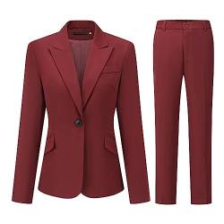 YFFUSHI Hosenanzug Damen Business Slim Fit Anzug Set Langarm Elegant Blazer Mit Outfit für Office,Rotwein,M von YFFUSHI