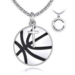 YFN Basketball Halskette Sterling Silber niemals aufgeben Anhänger Kreuz Schmuck Korbball Liebhaber Geschenke für Damen Herren Mädchen Jungen Basketballspieler von YFN