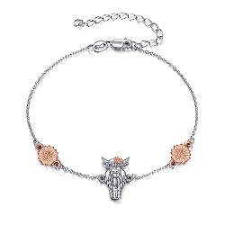 YFN Highland Cow Armband aus 925er Sterlingsilber, verstellbares Kuh-Armband, niedlicher Tierschmuck, Geschenke für Frauen und Mädchen, 17,8 cm + 5,1 cm von YFN