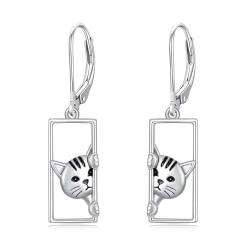 YFN Katze Ohrringe Sterling Silber Katze Leverback Ohrringe Silber Katze Hängend Ohrringe Katze Schmuck für Frauen Mädchen Katze Geschenke für Katzenliebhaber von YFN