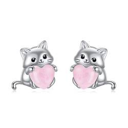 YFN Katze Rosenquarz-Ohrringe für Frauen Sterling Silber Tiere Katze Ohrstecker für Mädchen (rosa) von YFN