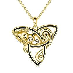 YFN Keltisch Katze Halskette Sterling Silber Gold Anhänger Triquetra Dreifaltigkeitsknoten Katze Schmuck Geschenke für Damen Mädchen von YFN