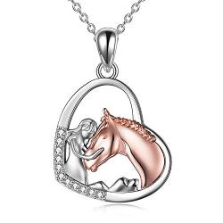 YFN Mädchen und Pferd Halskette für Mädchen Sterling Silber Pferdeschmuck Pferd Geschenke für Frauen (Mädchen mit Rose Horse Halskette mit Abalone Shell) von YFN