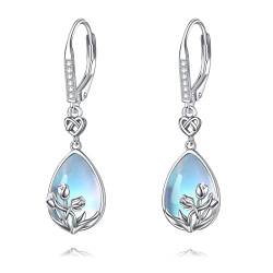 YFN Mondstein Ohrringe Damen 925 Sterling Silber Tulpe Blumen Anhänger Zierliche Träne Tropfen Hängend Ohrring Mit Herz Knoten Leverback Schmuck Geschenke für Frauen Mädchen Mutter von YFN