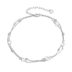 YFN Perle Fußkettchen für Frauen S925 Sterling Silber Einstellbare Perle Bead Layered Plus Ankle Bracelet Strand Schmuck Geschenk von YFN