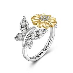 YFN Sonnenblume Ringe Sterling Silber Gänseblümchen Open Verstellbarer Ring mit Schmetterling für Frauen Mädchen (Schmetterling) von YFN