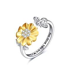 YFN Sonnenblume mit Biene Ringe Sterling Silber Gänseblümchen Open Verstellbarer Ring You Are My Sunshine Geschenk für Frauen Mädchen (Biene) von YFN