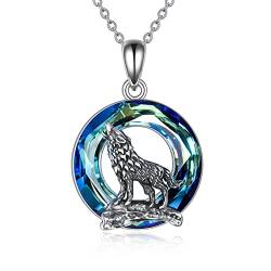 YFN Wolf Pendant Necklace 925 Sterling Silver with Blue Crystal Moon Necklace Wolf Jewelry for Men Women von YFN
