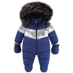 YFPICO Baby Boys Girls Schneeanzüge Fleecefutter Overalls Baumwolle mit Fellkapuze,Baby Skianzug Jumpsuit Einteilig Winter Strampler Jumpsuit Outfits Blau 72-76 von YFPICO