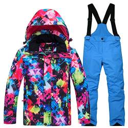 YFPICO Kinder Mädchen Jungen Skianzug Zweiteilig Verdickte Skijacke + Skihose Funktionsanzug Schneeanzug Regenjacke Schneehose Wasserdicht, Mehrfarbig Skijacke + Blau Skihose, 152-158 von YFPICO