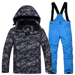 YFPICO Kinder Mädchen Jungen Skianzug Zweiteilig Verdickte Skijacke + Skihose Funktionsanzug Schneeanzug Regenjacke Schneehose Wasserdicht, Schwarz Skijacke + Blau Skihose, 152-158 von YFPICO