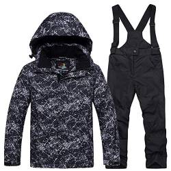 YFPICO Kinder Mädchen Jungen Skianzug Zweiteilig Verdickte Skijacke + Skihose Funktionsanzug Schneeanzug Regenjacke Schneehose Wasserdicht, Schwarz Skijacke + Schwarz Skihose, 152-158 von YFPICO