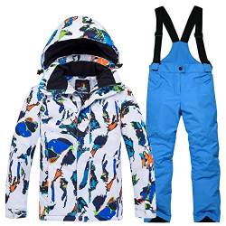 YFPICO Kinder Mädchen Jungen Skianzug Zweiteilig Verdickte Skijacke + Skihose Funktionsanzug Schneeanzug Regenjacke Schneehose Wasserdicht, Weiß Blau Skijacke + Blau Skihose, 152-158 von YFPICO