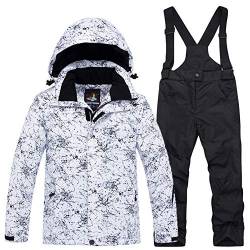 YFPICO Kinder Mädchen Jungen Skianzug Zweiteilig Verdickte Skijacke + Skihose Funktionsanzug Schneeanzug Regenjacke Schneehose Wasserdicht, Weiß Skijacke + Schwarz Skihose, 134-140 von YFPICO