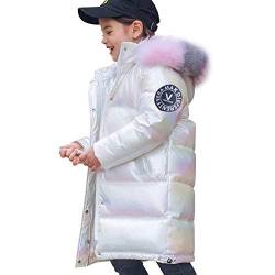 YFPICO Mädchen Verdickte Daunenjacke Gekritzelmuster Wintermantel Mädchen Kinder mit Fellkapuze Warm Parka Outwear, Weiß, 146(Etikettengröße:150) von YFPICO