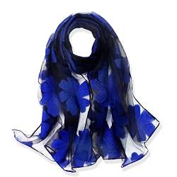 YFZYT Organza-Schal für Damen mit Feder Stickerei Muster/Elegantes Accessoire für Frauen/Organza-Schal/Halstuch/Schulter-Tuch/Schal Chiffon Stola Scarves - Königsblaue Blume von YFZYT