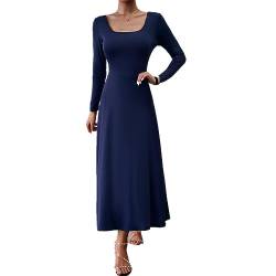 Damen Elegant Rundhalsausschnitt Slim Fit Solid A-Linie Kleid Langarm Bodycon (Blau,XL) von YGJKLIS