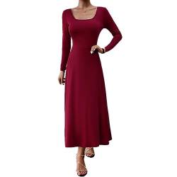 Damen Elegant Rundhalsausschnitt Slim Fit Solid A-Linie Kleid Langarm Bodycon (Rot,XL) von YGJKLIS