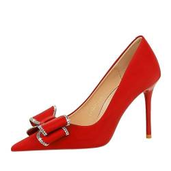Frauen 10CM Bogen Stiletto Pumps Slip On High Heels Lässige Spitze Zehe Satin Braut Party Schuhe (Rot,38EU) von YGJKLIS