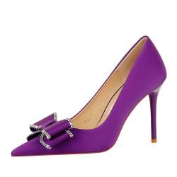 Frauen 10CM Bogen Stiletto Pumps Slip On High Heels Lässige Spitze Zehe Satin Braut Party Schuhe (Violett,35EU) von YGJKLIS