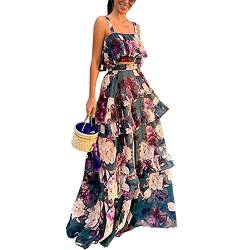 Sommer Zweiteiliges Kleid Straps-Top + Lotusblatt langer Rock Anzug Casual Strand Blumendruck Kleid, schwarz, Mittel von YGJKLIS