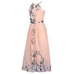YGJKLIS Sommer-Neckholder-Chiffon-Maxikleid Sommer-Blumendruck-ärmelloses Kleid Strand-langes Kleid (Rosa,S) von YGJKLIS