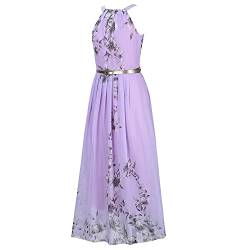 YGJKLIS Sommer-Neckholder-Chiffon-Maxikleid Sommer-Blumendruck-ärmelloses Kleid Strand-langes Kleid (Violett,S) von YGJKLIS